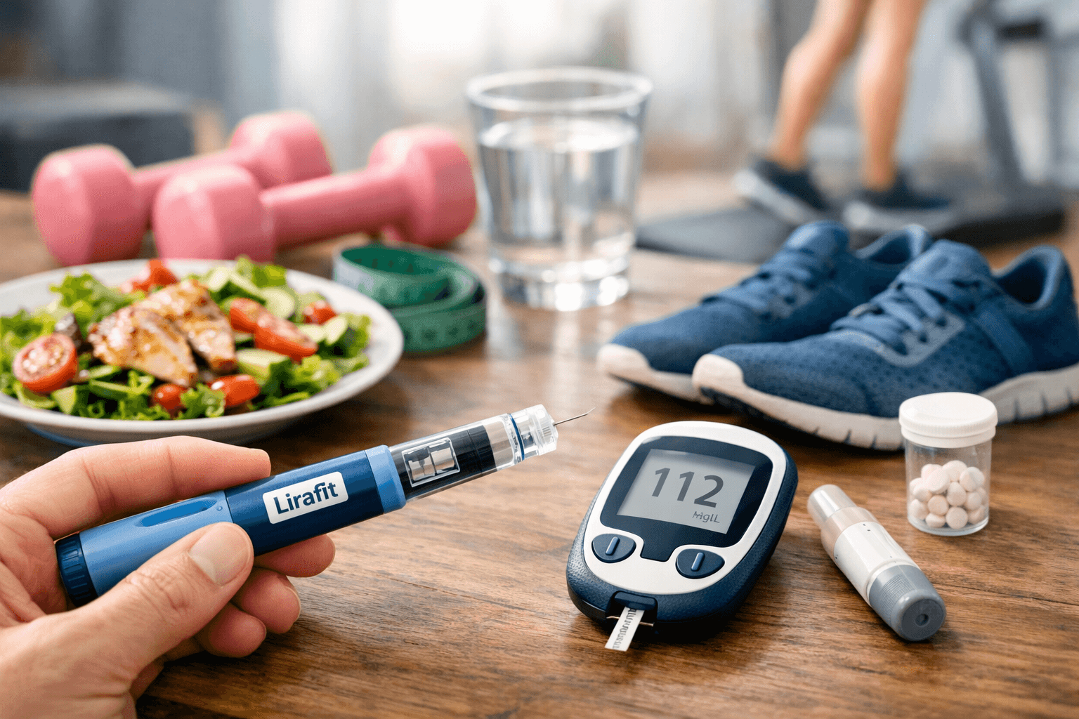 Lirafit injection pen with blood glucose monitor, healthy diet, and exercise equipment for type 2 diabetes management.