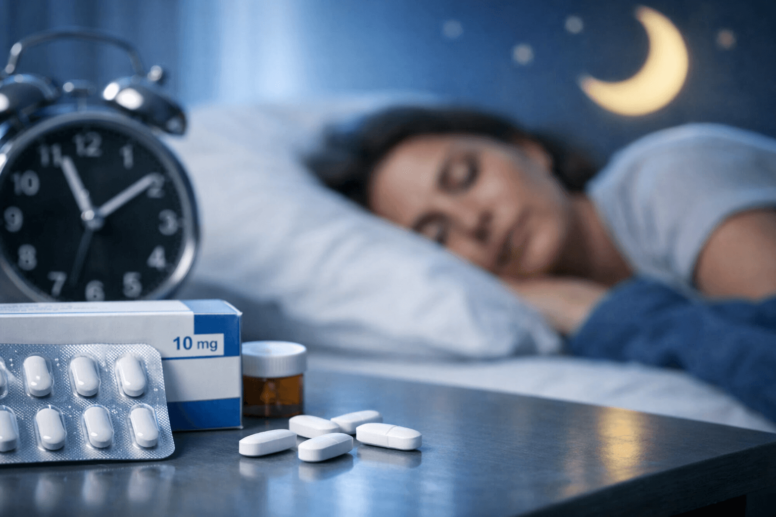 Zopisign 10 mg tablets near bedside clock, representing prescription treatment for insomnia and improved sleep quality.