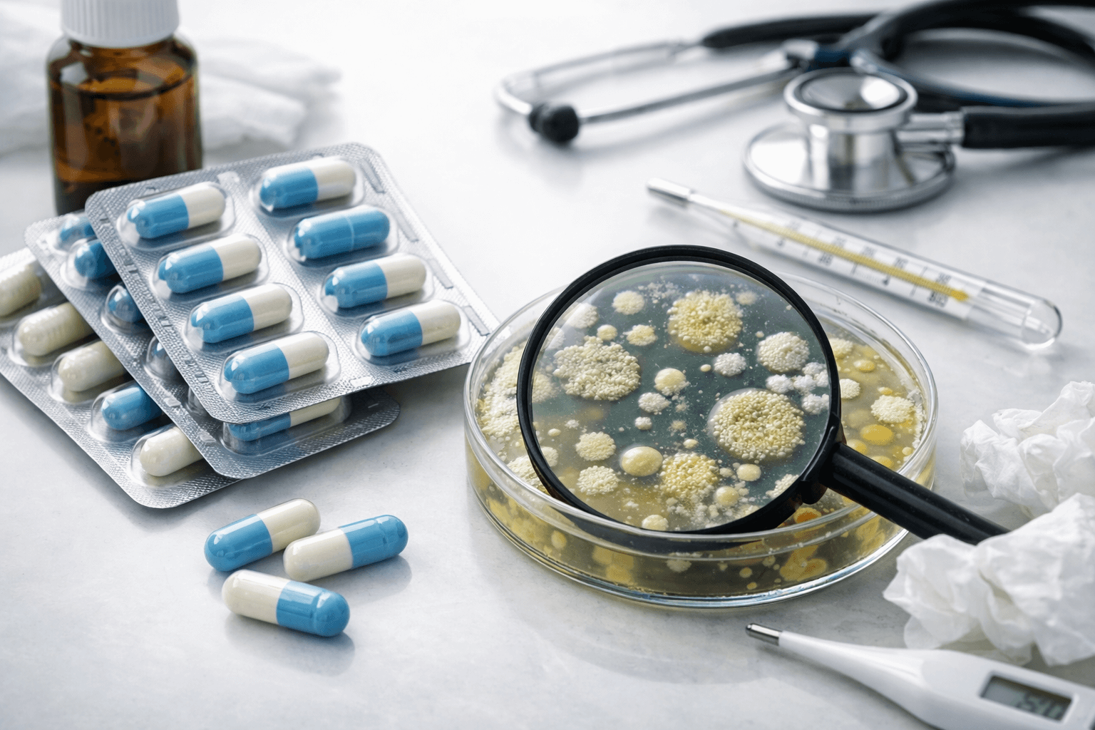 Pentids 400 antibiotic capsules with bacterial culture in a petri dish, medical tools and thermometer for infection treatment concept.