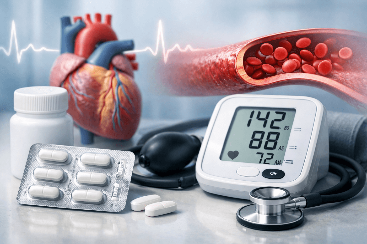 Blood pressure monitor showing 142/88 reading with heart model, tablets and stethoscope for hypertension management.
