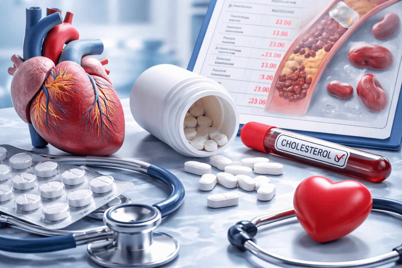 Medical illustration showing a heart model, a cholesterol blood sample, tablets and a stethoscope representing high cholesterol and cardiovascular health management.