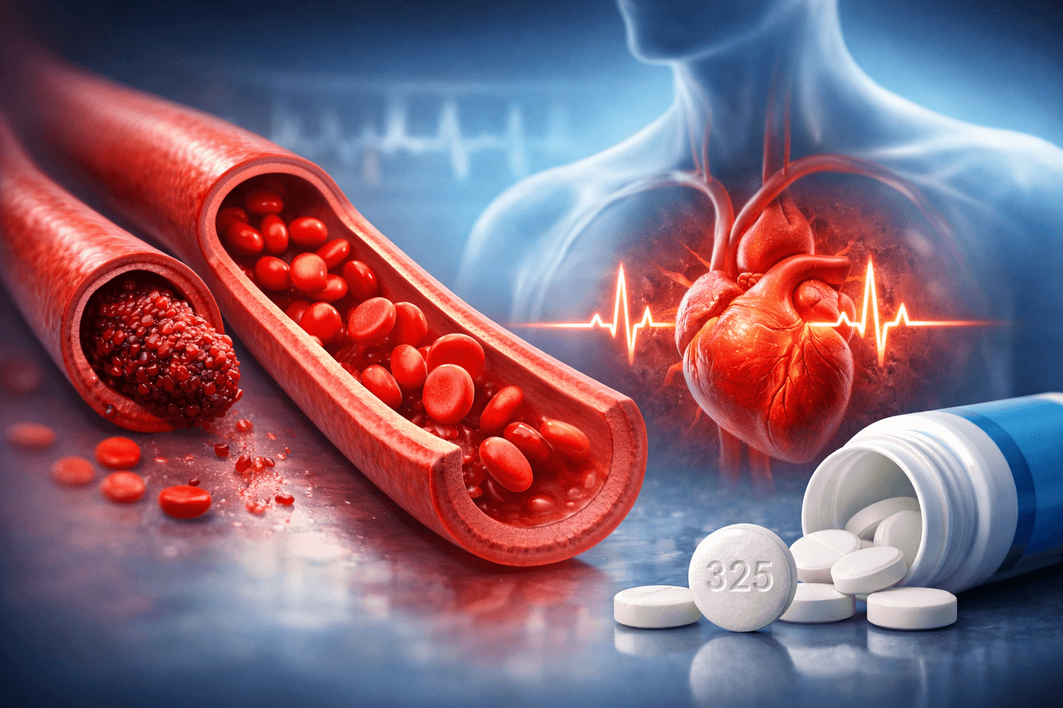 Medical illustration of an artery with a blood clot, heart ECG line and 325 mg aspirin tablets for cardiovascular clot prevention and heart health management.