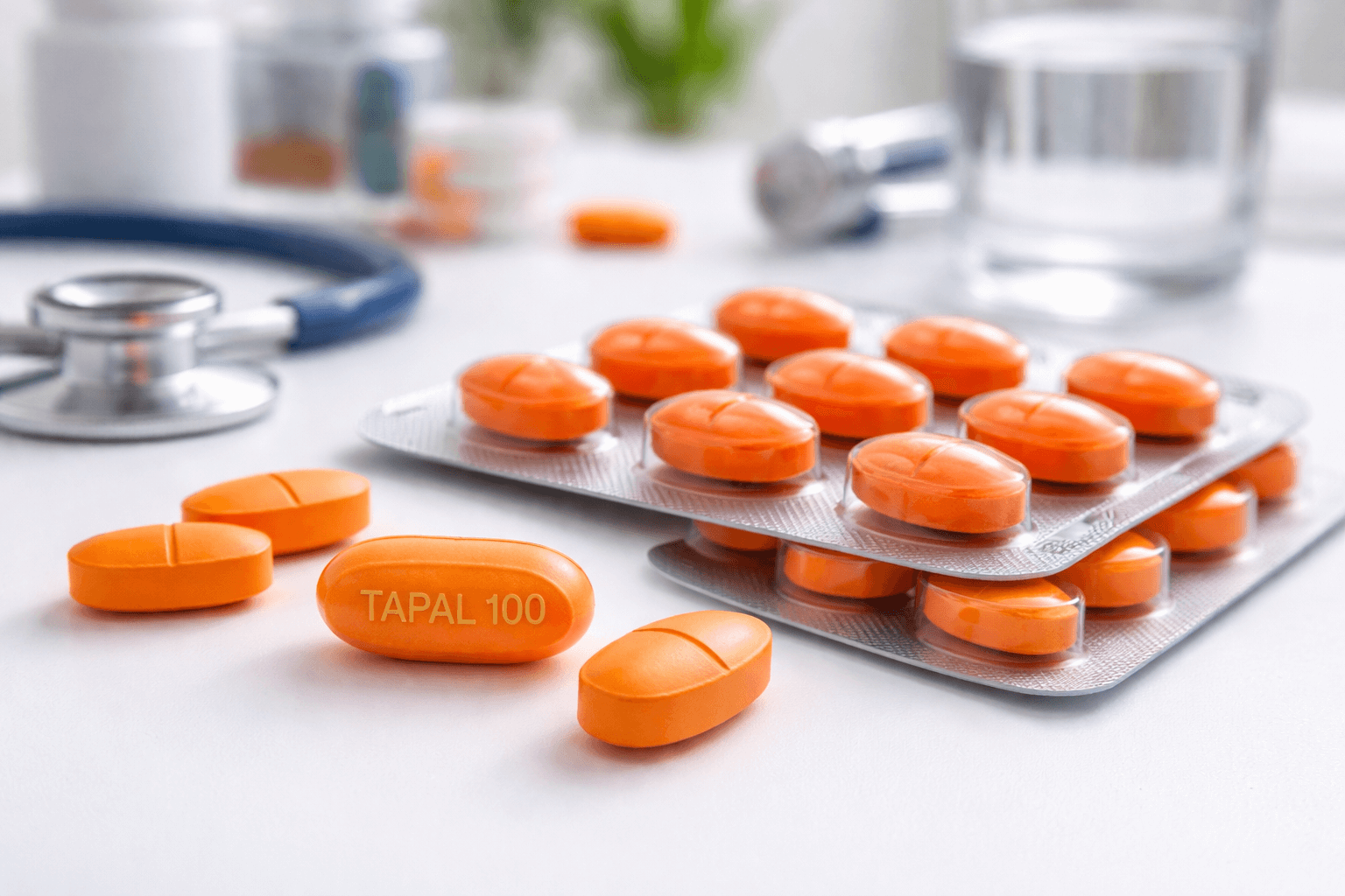 Tapal 100 orange tablets in a blister pack for moderate to severe pain relief treatment.
