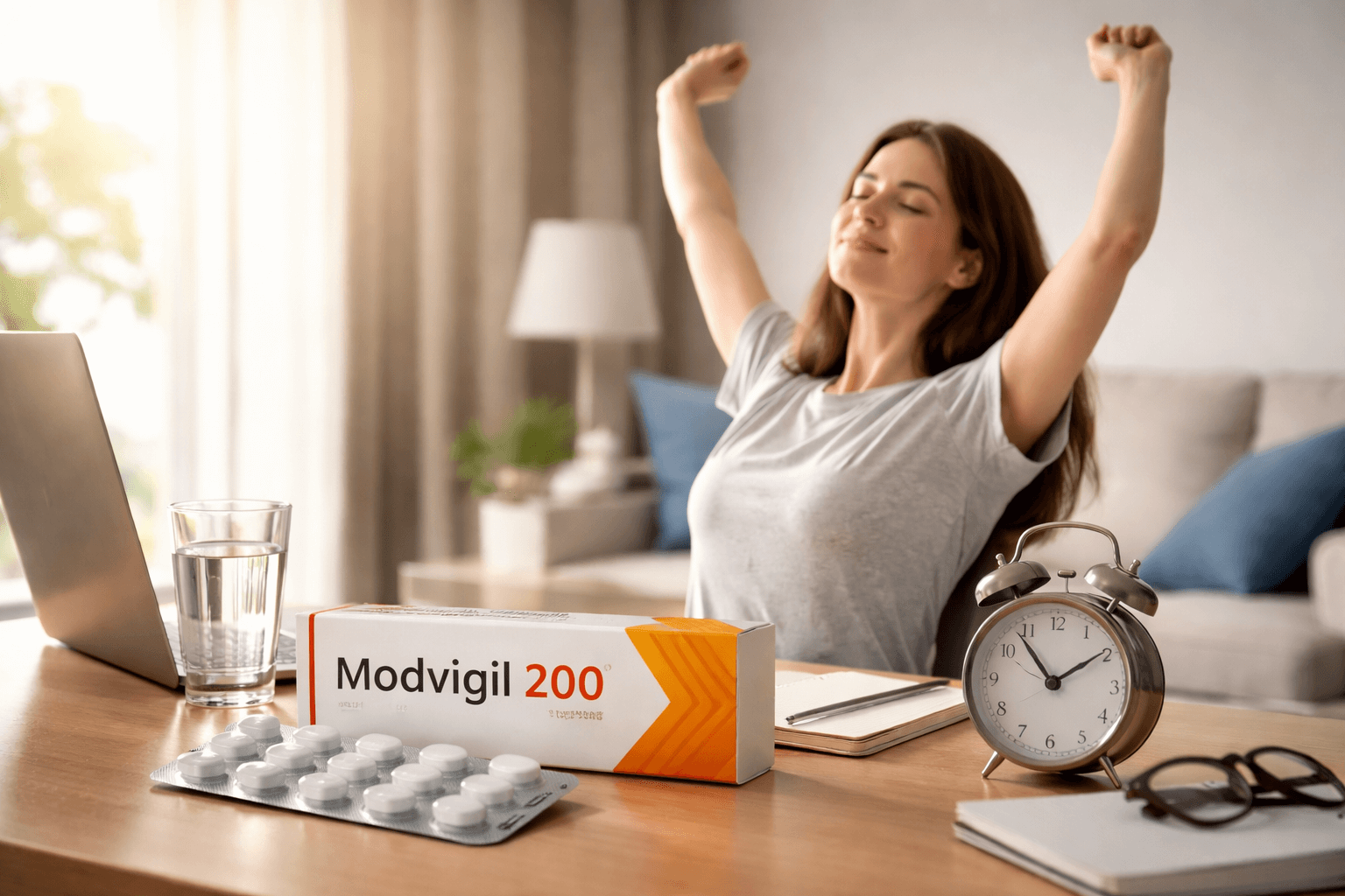 Modvigil 200 tablets (Modafinil 200 mg) pack on desk beside alarm clock, representing wakefulness treatment for excessive daytime sleepiness.