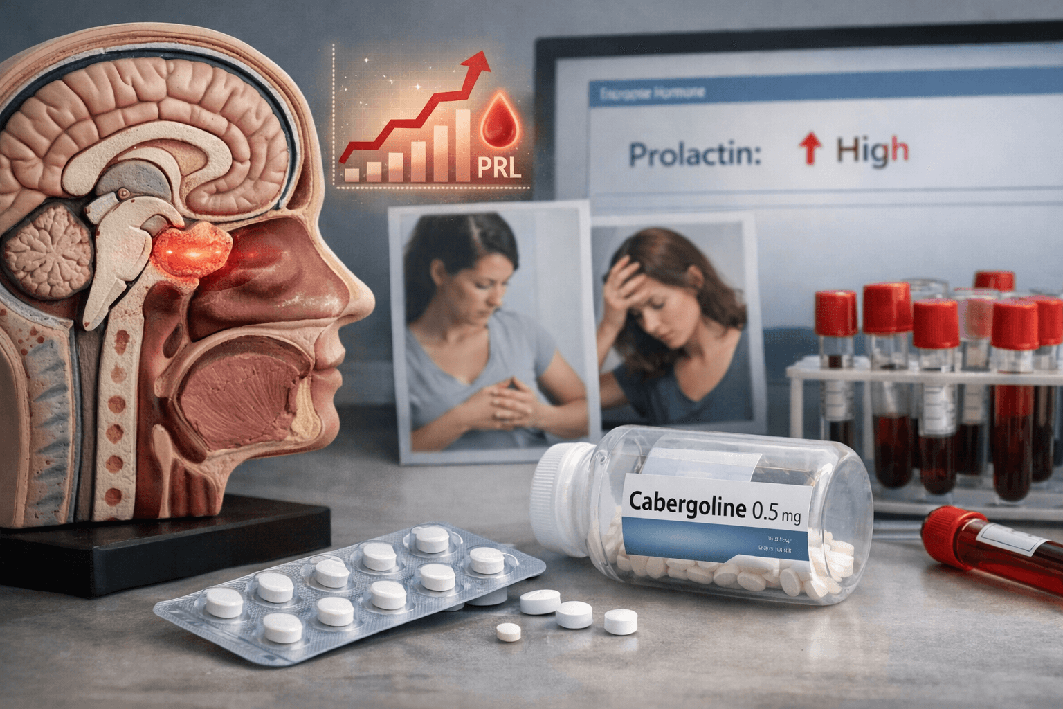 Cabergoline 0.5 mg tablets for high prolactin treatment with pituitary illustration