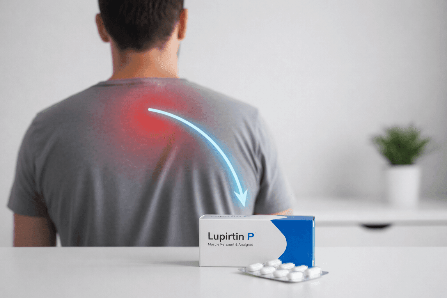Person with upper back muscle pain highlighted, with Lupirtin P tablets shown in the foreground for prescribed muscle pain relief.