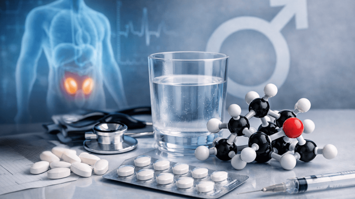 Provibol mesterolone tablets with medical symbols representing male hormone deficiency treatment.