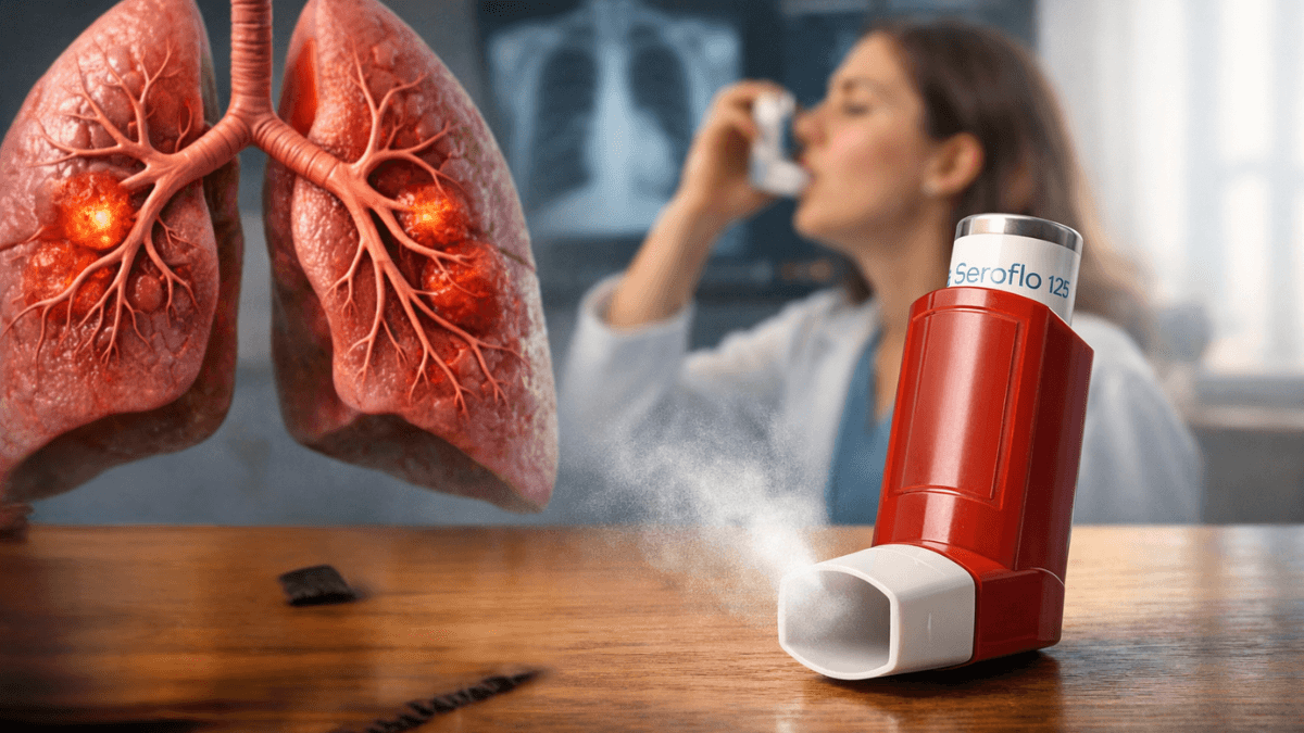 Seroflo Inhaler 125 used for asthma and COPD, showing lungs and inhaler for airway inflammation control.