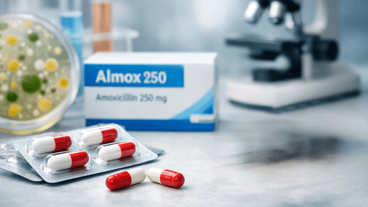 Almox 250 amoxicillin pills are used to treat bacterial infections in the lab. 