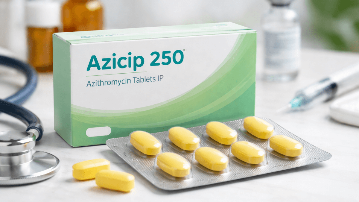 Azicip 250 azithromycin tablets 250 mg by Cipla with blister pack for bacterial infection treatment.