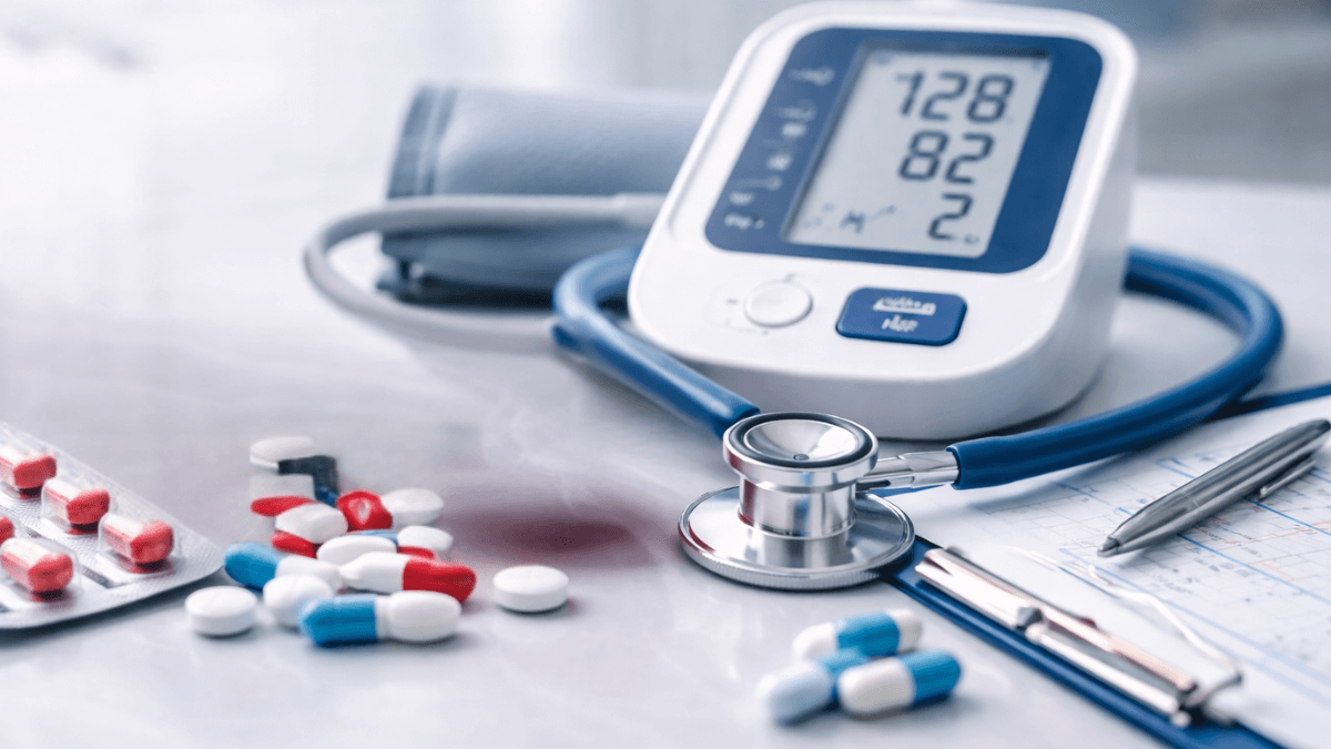 Digital blood pressure monitor with stethoscope and tablets on desk, symbolising hypertension management and cardiovascular treatment.
