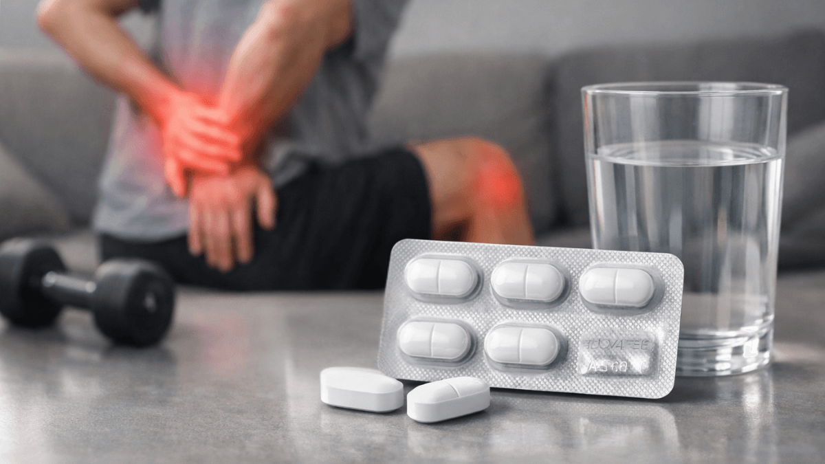 Royale 450 tablets for musculoskeletal pain relief with person holding lower back in discomfort.