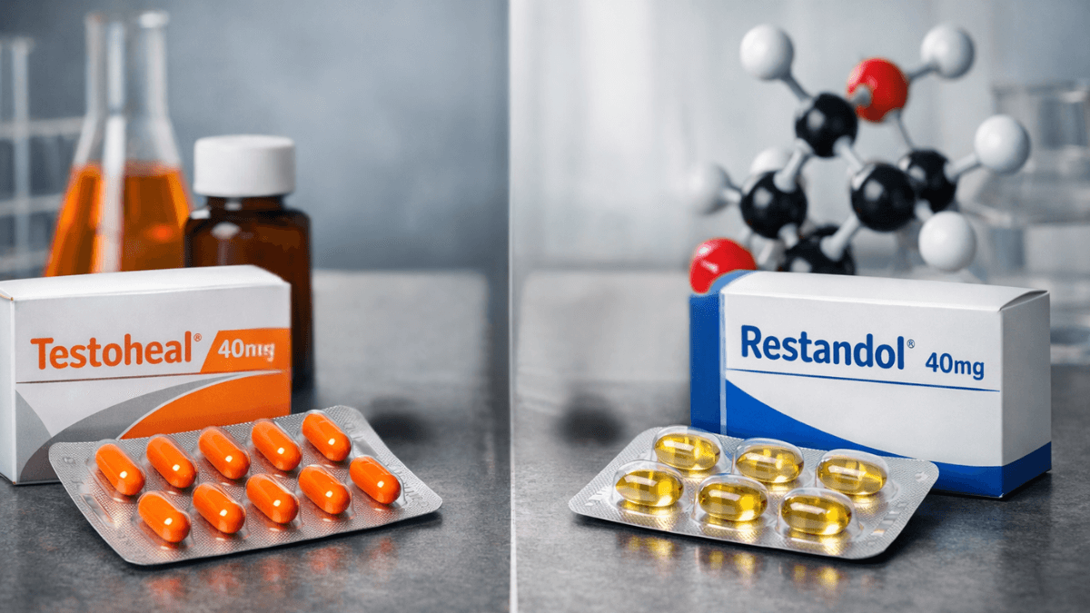 Testoheal 40mg and Restandol 40mg blister packs showing Testosterone Undecanoate capsules for testosterone replacement therapy.