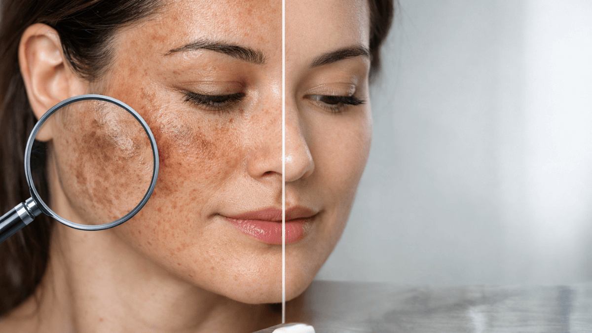 A woman with melasma showing a before-and-after comparison of skin pigmentation improvement on the face.