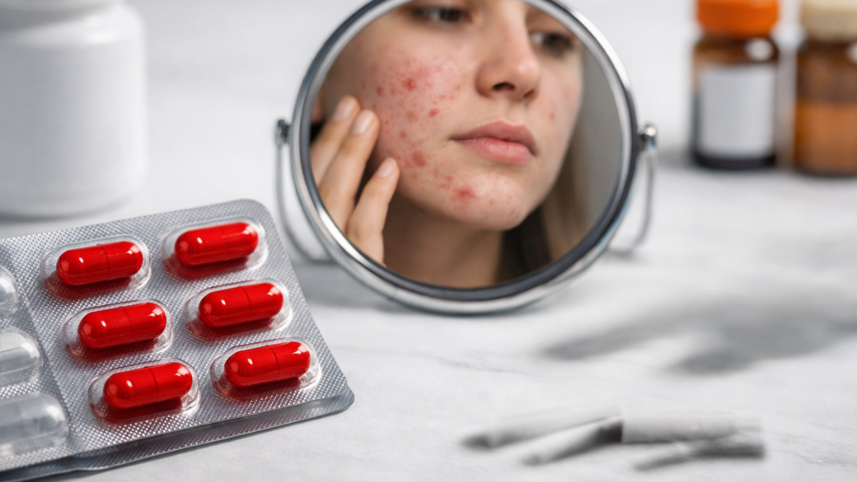 Woman with acne looking in mirror beside red capsules, illustrating prescription treatment for acne and skin inflammation.
