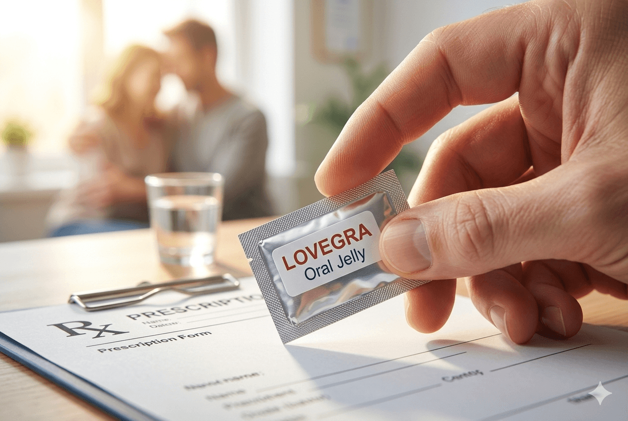 Hand holding Lovegra Oral Jelly sachet over a prescription form