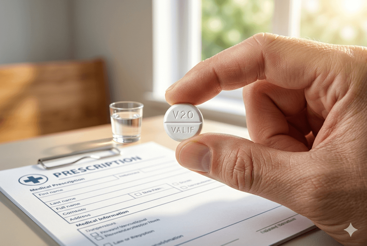 Hand holding Valif 20 tablet marked V20 above a medical prescription form