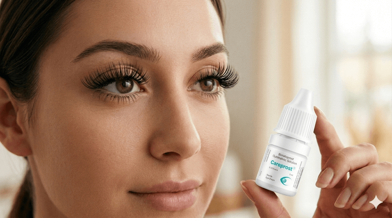Careprost bimatoprost 0.03% ophthalmic solution bottle held near woman with long full eyelashes
