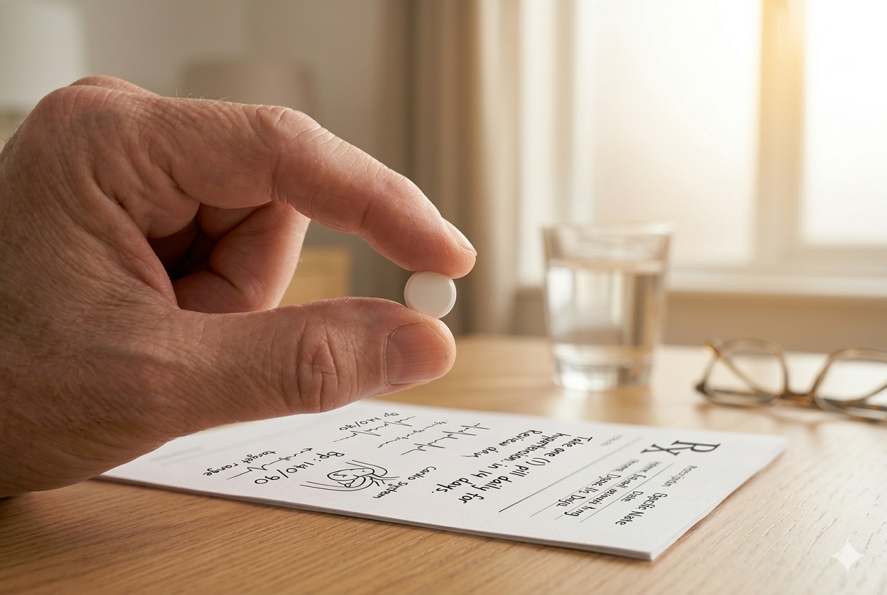 An elderly person holding a white tablet over a prescription form with a glass of water on a wooden desk
