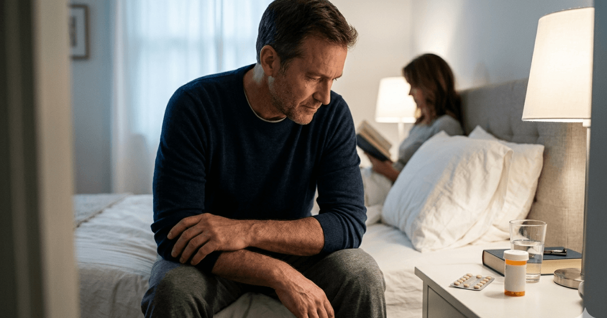 Man sitting on bed looking distressed while partner reads, representing erectile dysfunction and its emotional impact