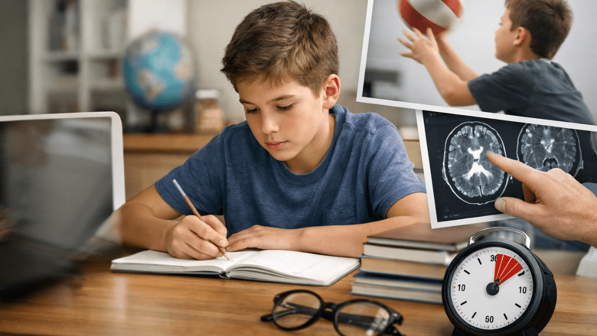 A boy studying at a desk with a notebook, a brain scan and a timer illustrating the ADHD focus and attention support concept.