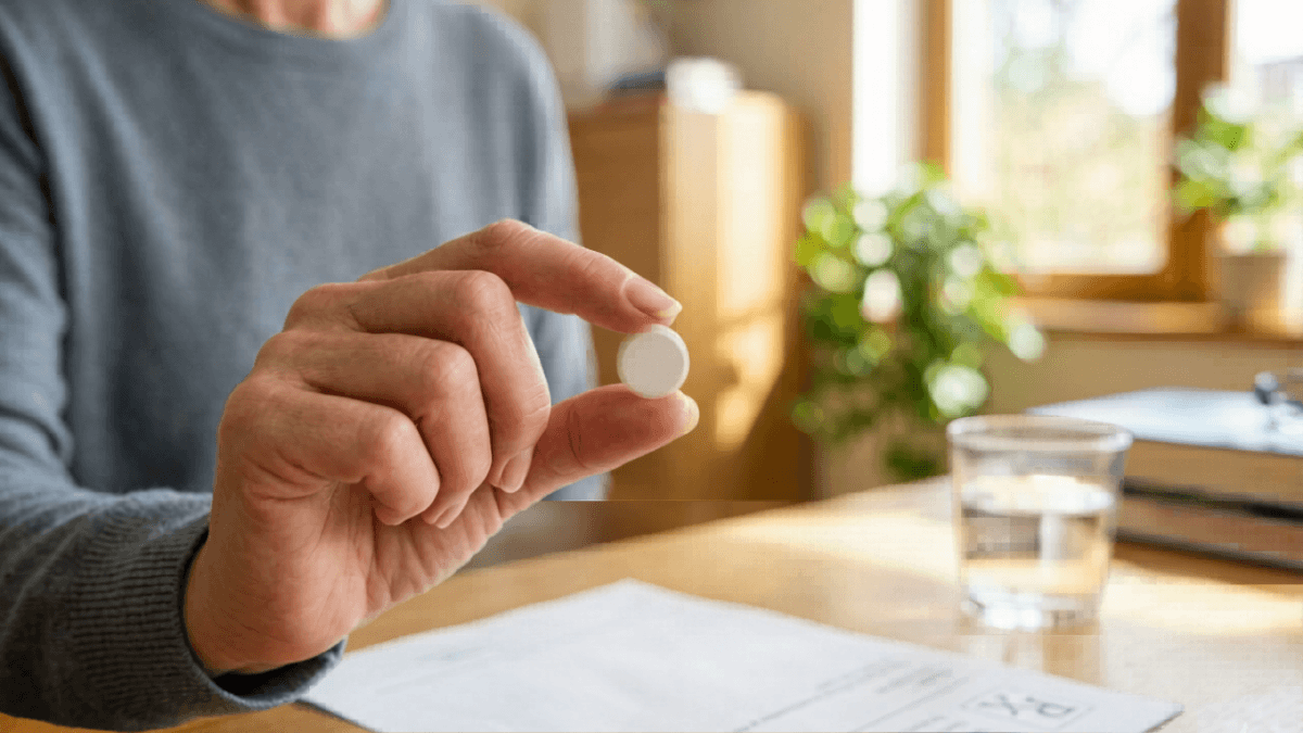 Person holding a Nodict 50mg Naltrexone tablet with a glass of water and a prescription document on a table