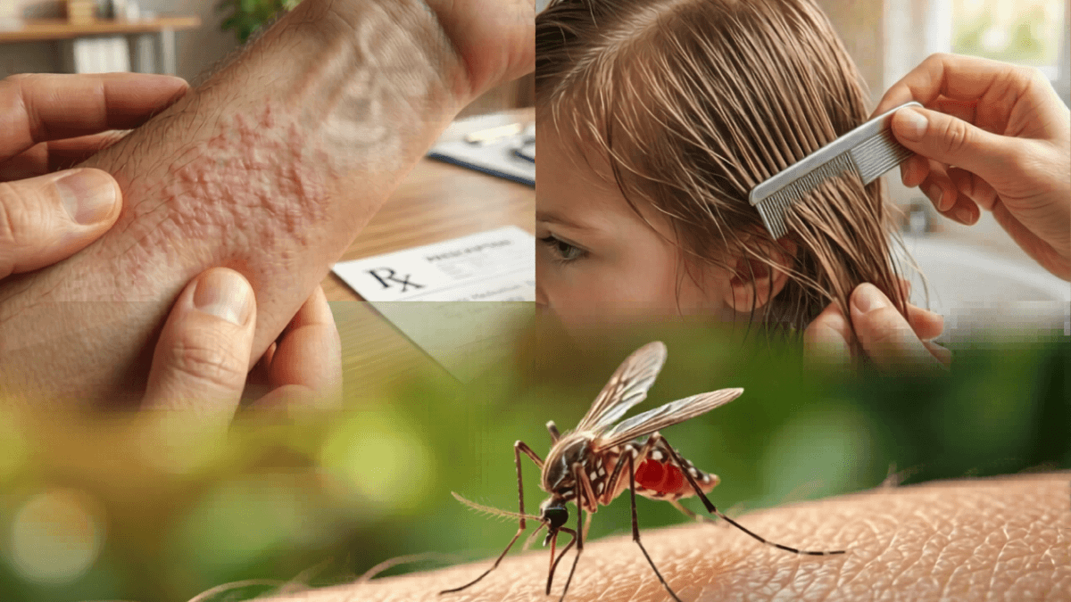 Scabies skin rash, child head lice check, and mosquito bite — conditions treated by Iverheal 12 ivermectin