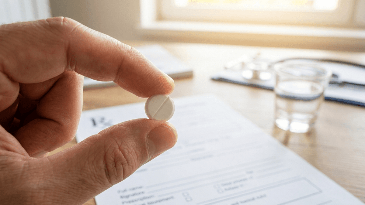 Hand holding a levothyroxine tablet with a prescription form and glass of water in background