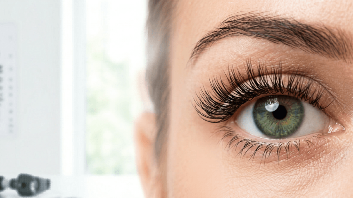 Close-up of eye with long lashes with Careprost bimatoprost 0.03%