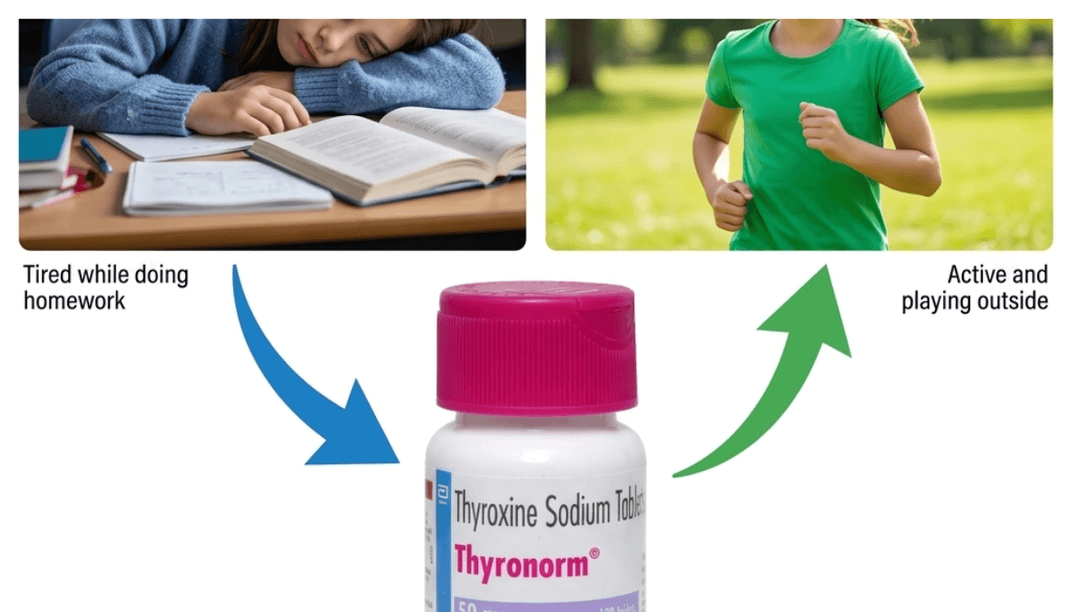 Doctor holding Thyronorm 50 mcg thyroxine sodium tablets with thyroid health guide