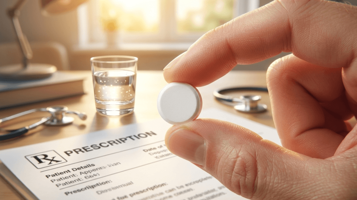 Hand holding a white prescription tablet with Rx prescription form, stethoscope, and glass of water on desk