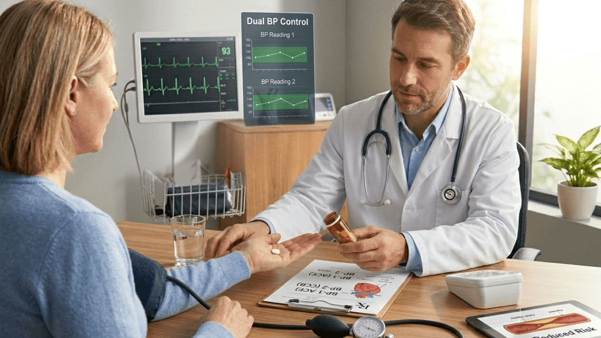 Doctor explaining Amlip AT amlodipine 5mg atenolol 50mg tablet to patient for dual blood pressure control