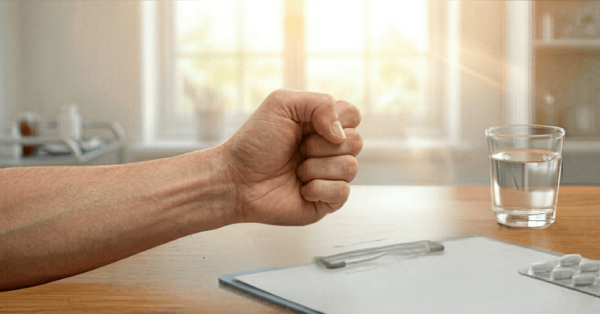 Clenched fist on table representing moderate to severe pain relief need