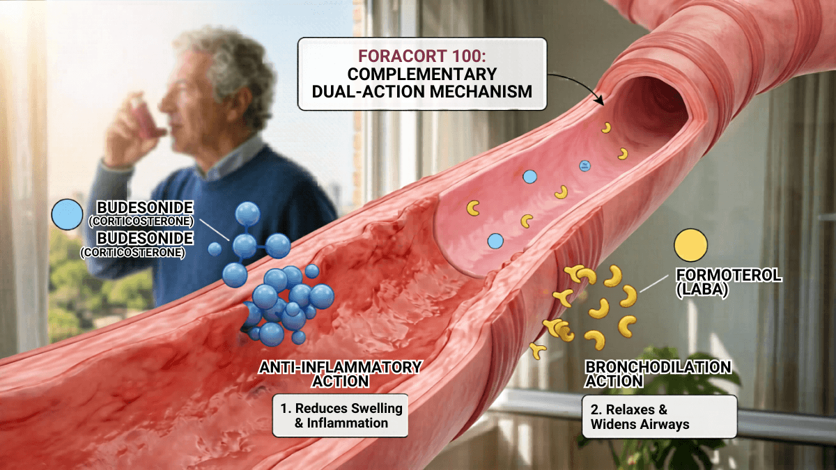 Foracort 100 dual-action mechanism diagram showing Budesonide anti-inflammatory and Formoterol LABA bronchodilation in airways