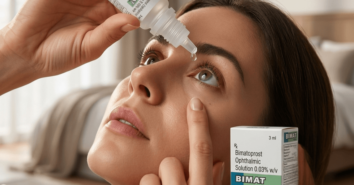 Woman applying Bimat Eye Drops Bimatoprost 0.03% ophthalmic solution for glaucoma treatment.