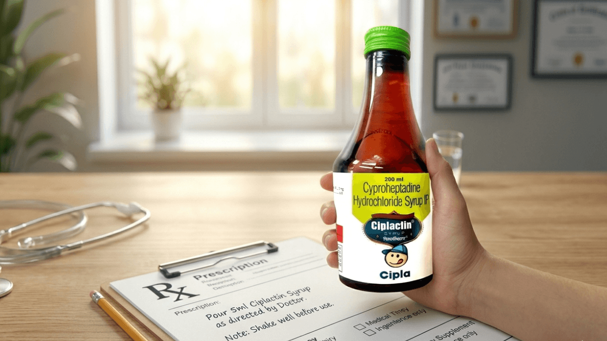Ciplactin Syrup cyproheptadine hydrochloride 200ml bottle held with prescription pad and stethoscope