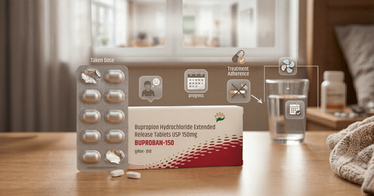 Buproban 150 Bupropion Hydrochloride 150mg extended release tablet for depression and smoking cessation treatment adherence