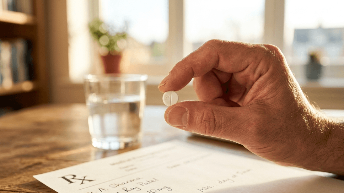 Hand holding Amlip 10mg amlodipine tablet over prescription form with glass of water