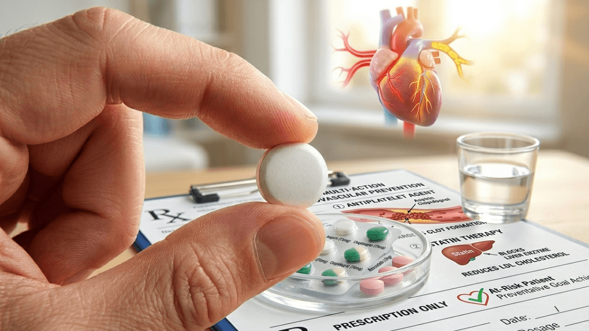 Hand holding Ecosprin Gold 10 tablet with heart diagram and prescription form