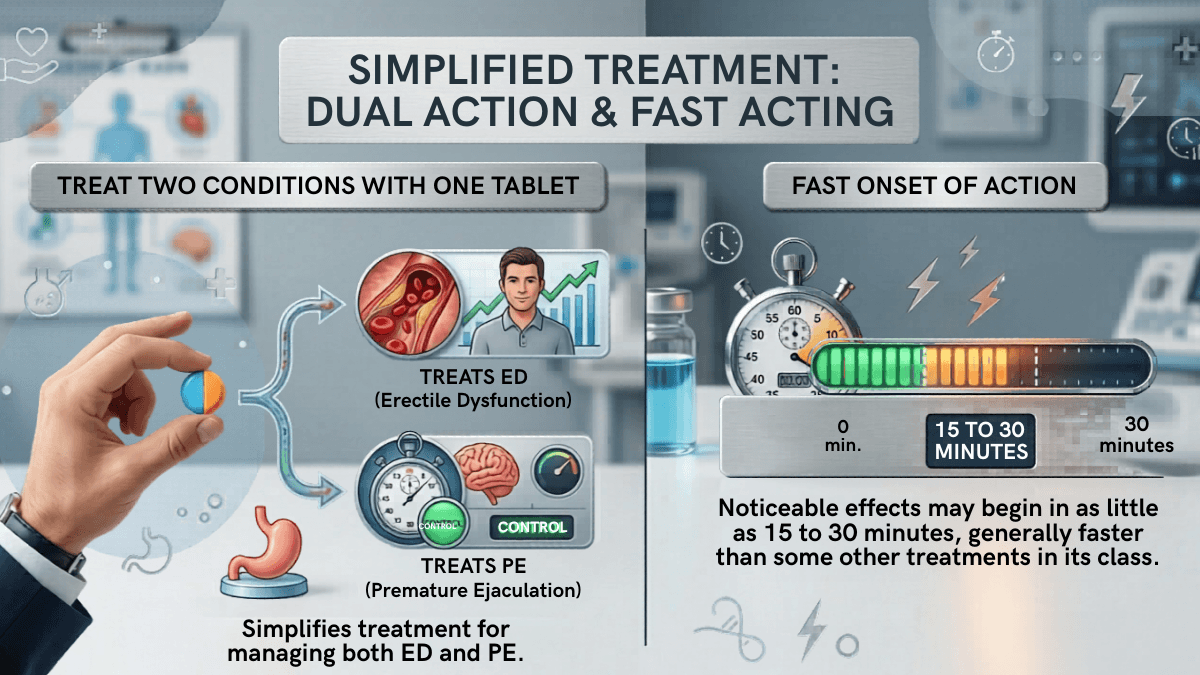 Infographic showing Extra Super Avana dual action treatment for erectile dysfunction and premature ejaculation with 15 to 30 minute onset