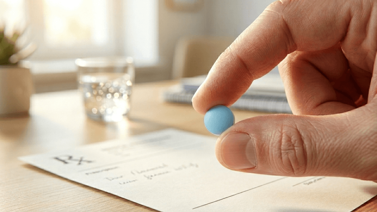 Hand holding a blue tablet pill over a prescription form with a glass of water in the background