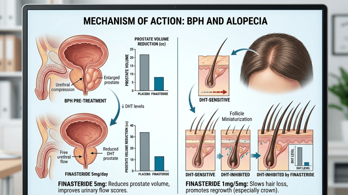 Finasteride 5mg mechanism of action diagram showing BPH prostate volume reduction and DHT-inhibited hair follicle regrowth in alopecia