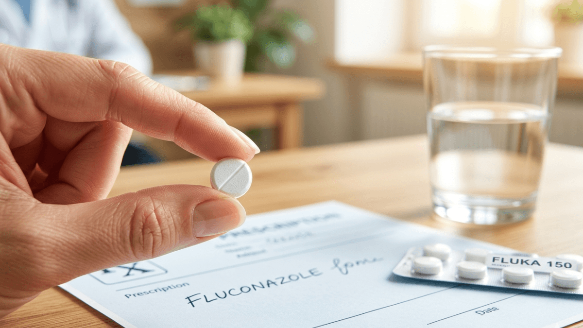 Hand holding Fluka 150 Fluconazole 150mg tablet with prescription and blister pack on table