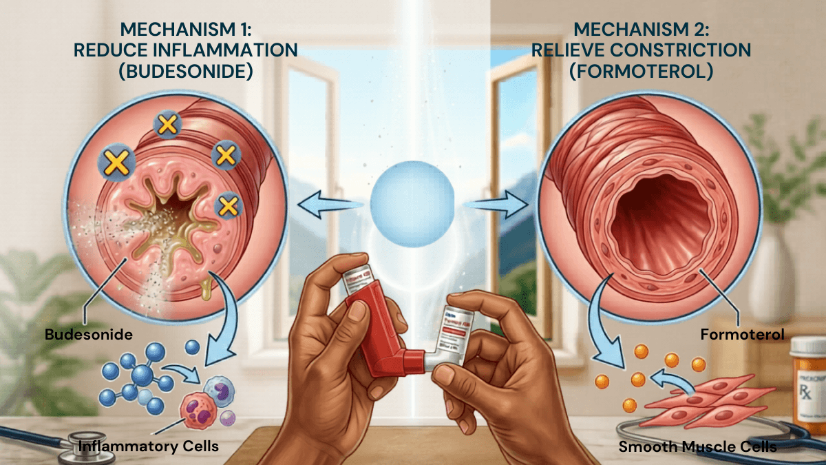 Foracort 400 inhaler mechanism diagram showing Budesonide reducing airway inflammation and Formoterol relaxing smooth muscle cells
