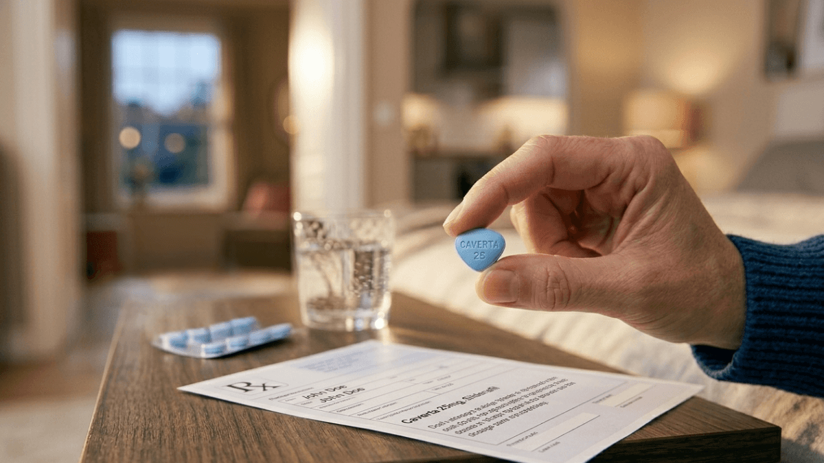 Caverta 25 sildenafil 25mg tablet held by hand with prescription and glass of water