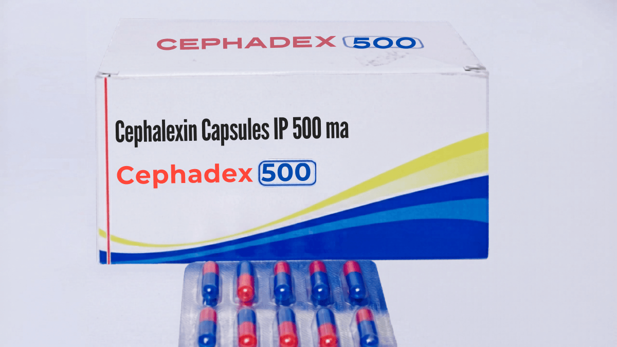 Cephadex 500 Cephalexin Capsules IP 500mg box with blister pack of red and blue capsules