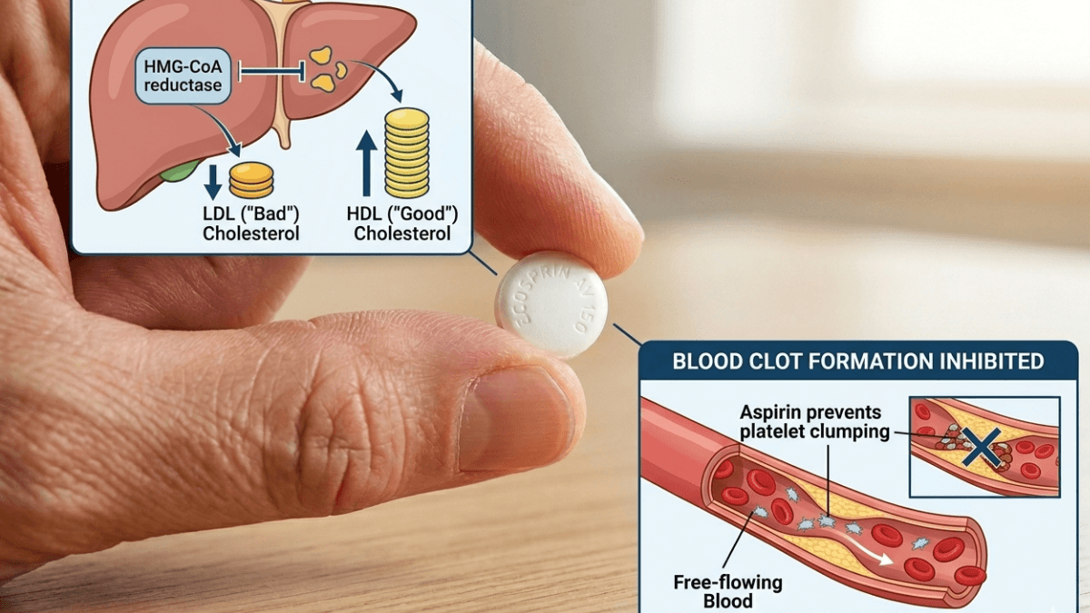 Ecosprin AV 150 tablet showing how Atorvastatin lowers LDL cholesterol and Aspirin prevents blood clot formation