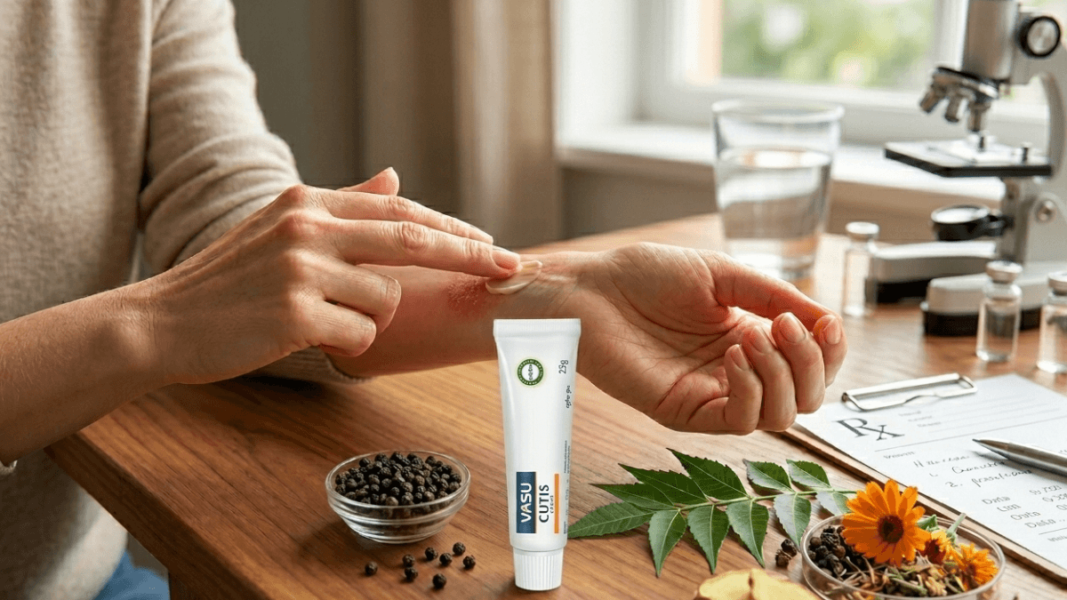 Cutis Cream tube with on a wooden desk beside a prescription pad