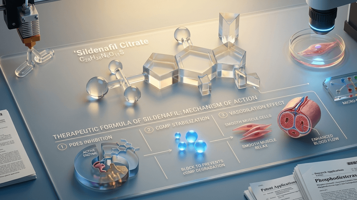 Sildenafil citrate mechanism of action diagram showing PDE5 inhibition and blood flow