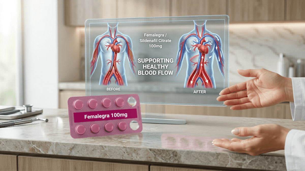 Femalegra 100mg Sildenafil Citrate tablets showing before and after blood flow diagram on a medical display